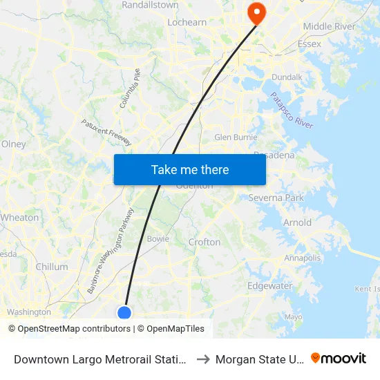 Downtown Largo Metrorail Station at Bus Bay E to Morgan State University map