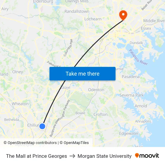 The Mall at Prince Georges to Morgan State University map