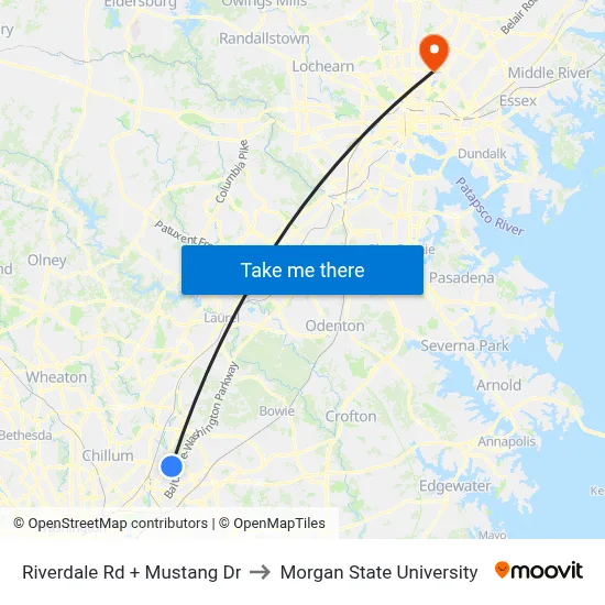 Riverdale Rd + Mustang Dr to Morgan State University map