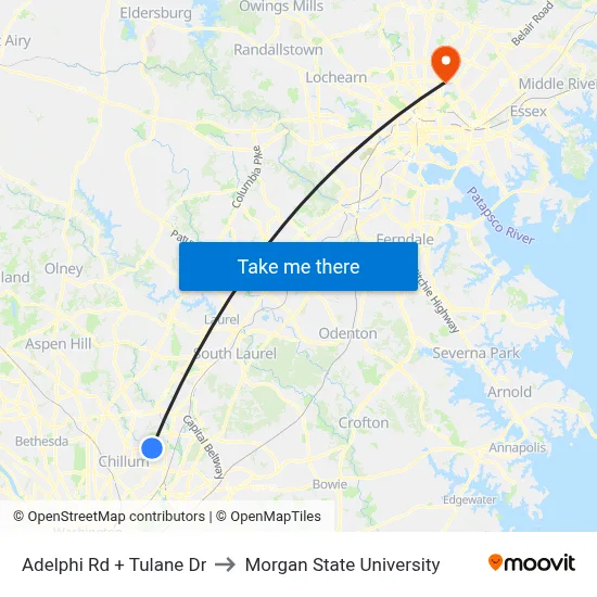 Adelphi Rd + Tulane Dr to Morgan State University map