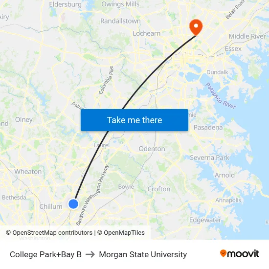 College Park+Bay B to Morgan State University map
