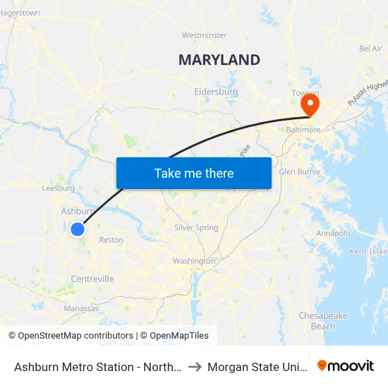 Ashburn Metro Station - North Bus Bay to Morgan State University map
