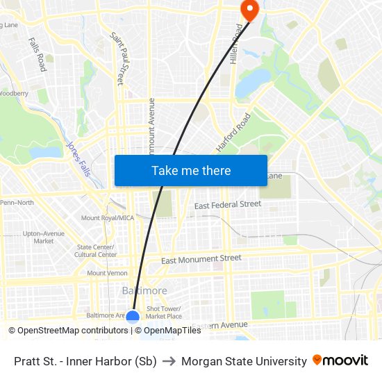 Pratt St. - Inner Harbor (Sb) to Morgan State University map