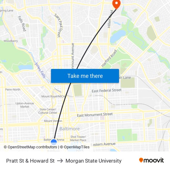 Pratt St & Howard St to Morgan State University map