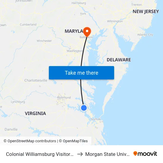 Colonial Williamsburg Visitor Center to Morgan State University map