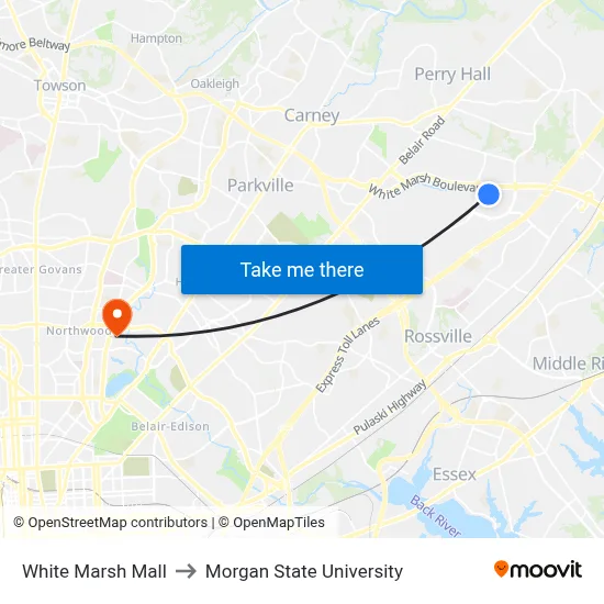 White Marsh Mall to Morgan State University map