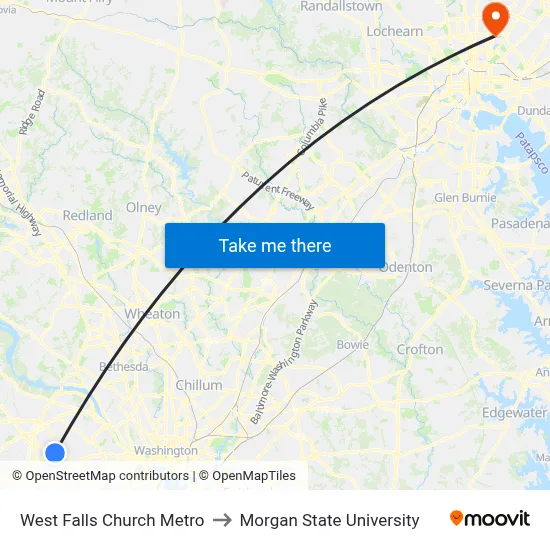 West Falls Church Metro to Morgan State University map