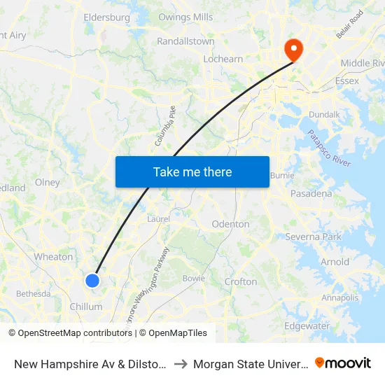 New Hampshire Av & Dilston Rd to Morgan State University map