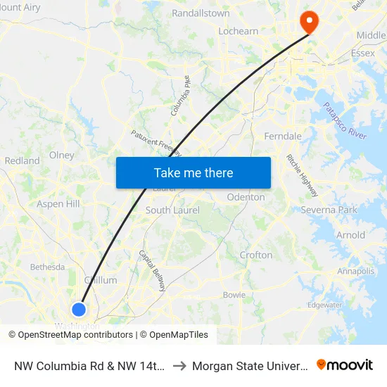 NW Columbia Rd & NW 14th St to Morgan State University map