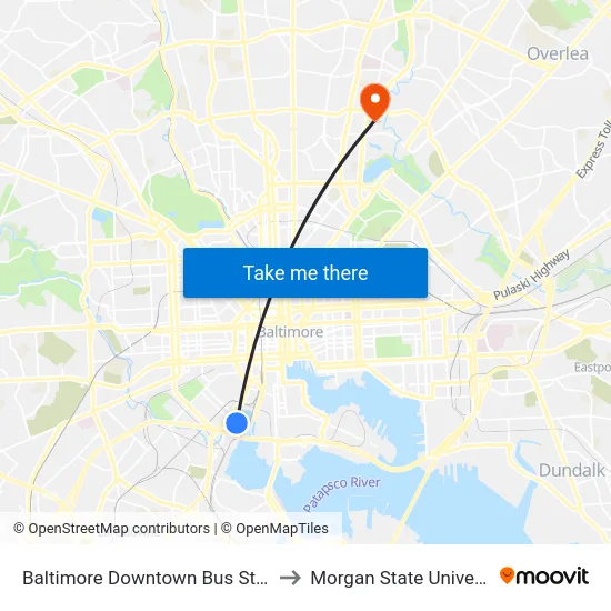 Baltimore Downtown Bus Station to Morgan State University map
