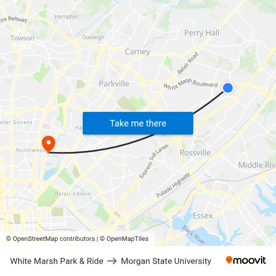 White Marsh Park & Ride to Morgan State University map