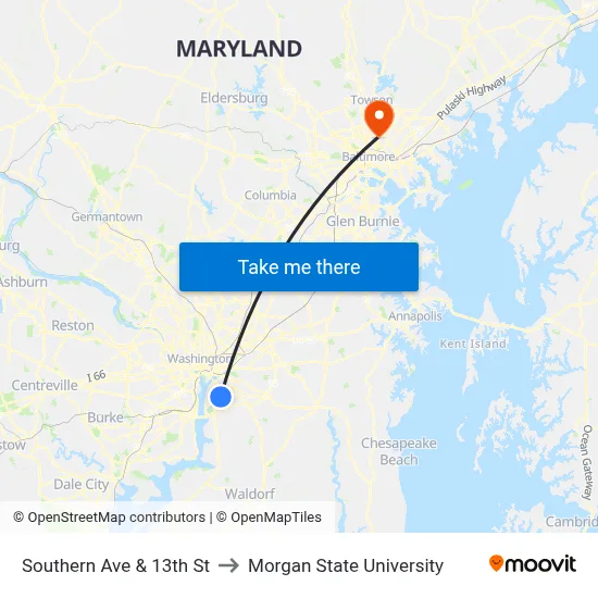 Southern Ave & 13th St to Morgan State University map