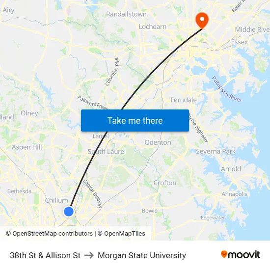 38th St & Allison St to Morgan State University map