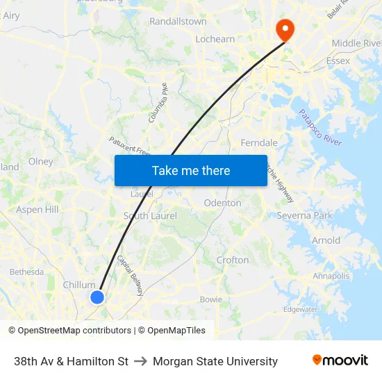 38th Av & Hamilton St to Morgan State University map
