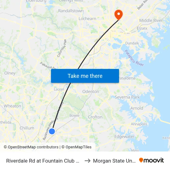 Riverdale Rd at Fountain Club Apartments to Morgan State University map