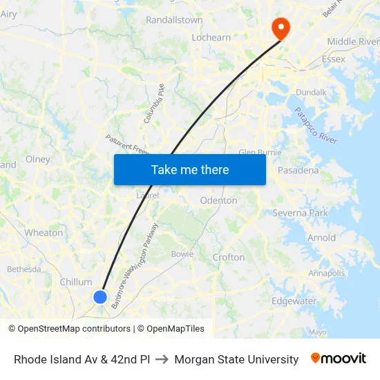 Rhode Island Av & 42nd Pl to Morgan State University map