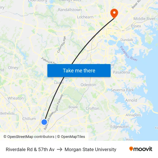 Riverdale Rd & 57th Av to Morgan State University map