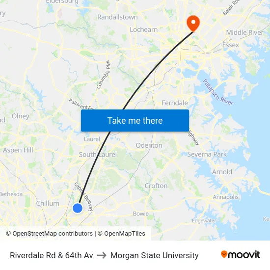 Riverdale Rd & 64th Av to Morgan State University map
