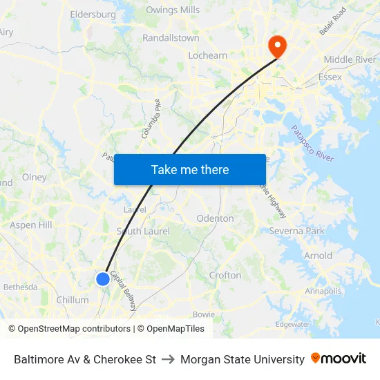 Baltimore Av & Cherokee St to Morgan State University map