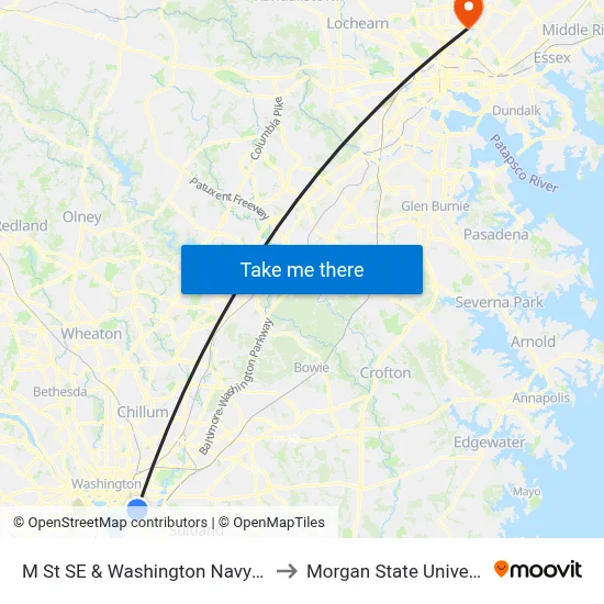 M St SE & Washington Navy Yard to Morgan State University map