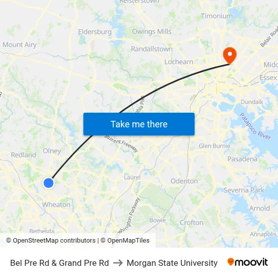Bel Pre Rd & Grand Pre Rd to Morgan State University map