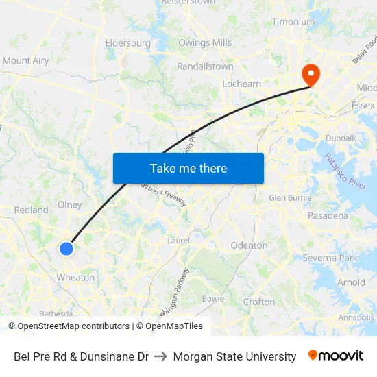 Bel Pre Rd & Dunsinane Dr to Morgan State University map