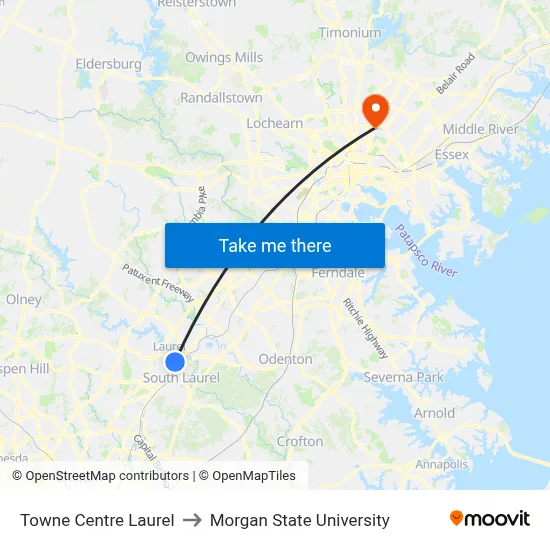 Towne Centre Laurel to Morgan State University map