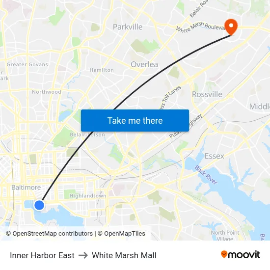 Inner Harbor East to White Marsh Mall map