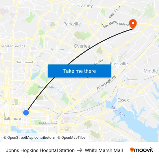 Johns Hopkins Hospital Station to White Marsh Mall map