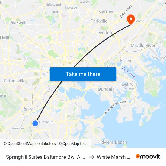 Springhill Suites Baltimore Bwi Airport to White Marsh Mall map