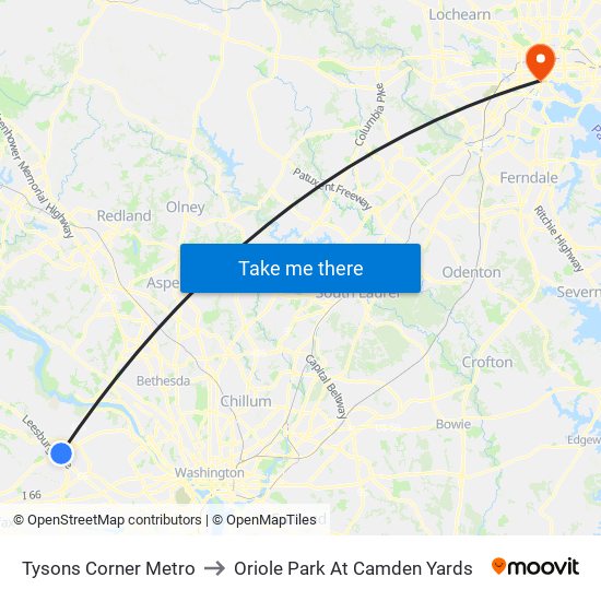 Tysons Corner Metro to Oriole Park At Camden Yards map