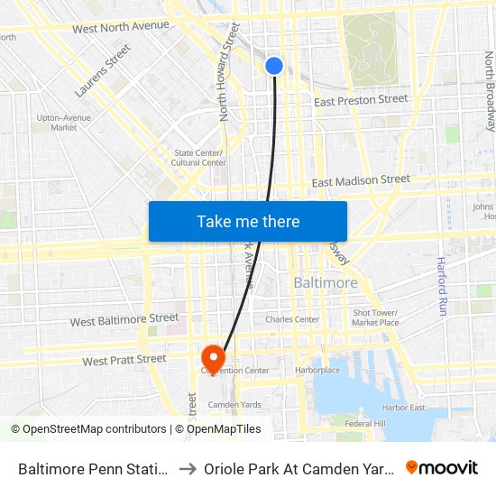 Baltimore Penn Station to Oriole Park At Camden Yards map