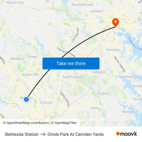 Bethesda Station to Oriole Park At Camden Yards map