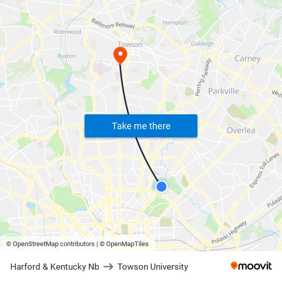 Harford & Kentucky Nb to Towson University map