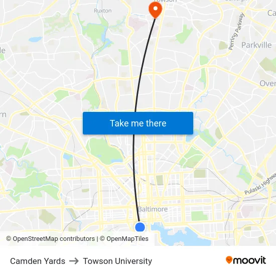 Camden Yards to Towson University map