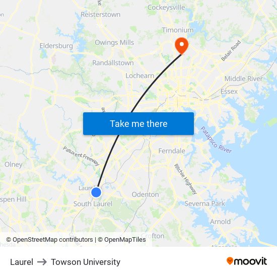 Laurel to Towson University map