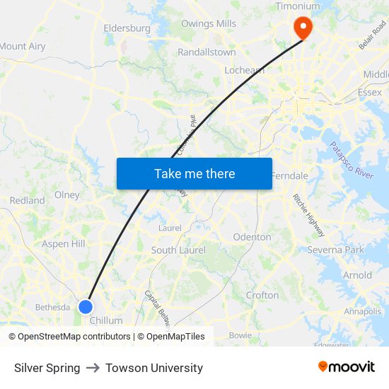 Silver Spring to Towson University map