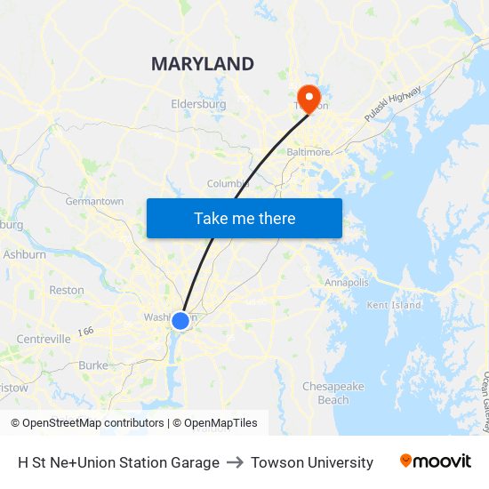 H St Ne+Union Station Garage to Towson University map