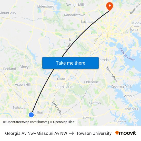Georgia Av Nw+Missouri Av NW to Towson University map