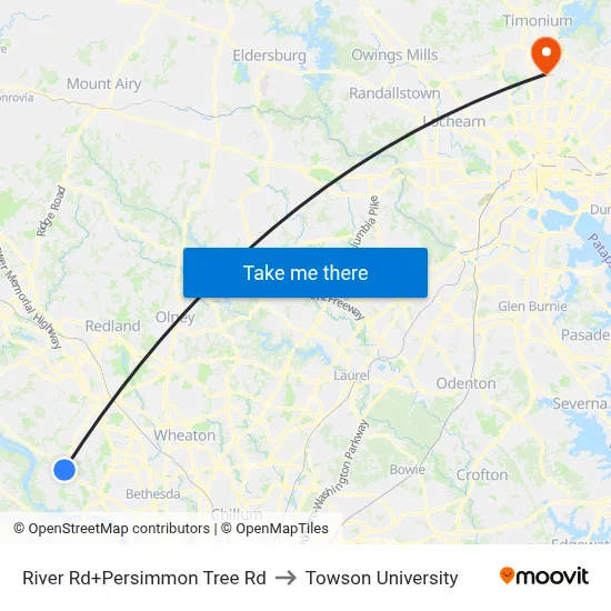 River Rd+Persimmon Tree Rd to Towson University map