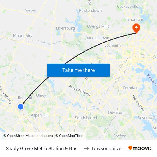 Shady Grove Metro Station & Bus Bay C to Towson University map