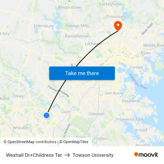 Wexhall Dr+Childress Ter to Towson University map