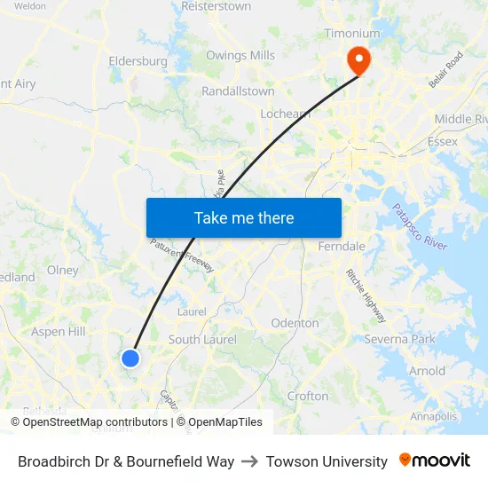 Broadbirch Dr & Bournefield Way to Towson University map