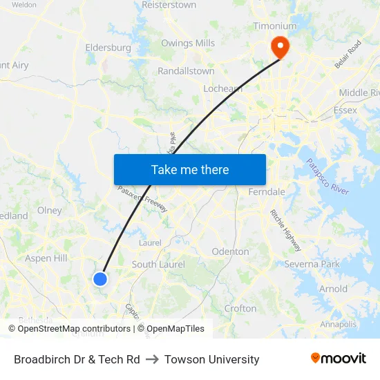 Broadbirch Dr & Tech Rd to Towson University map