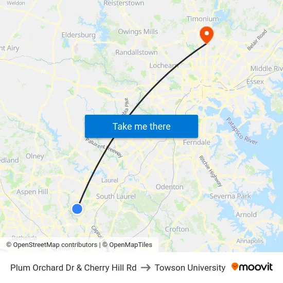 Plum Orchard Dr & Cherry Hill Rd to Towson University map