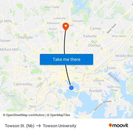 Towson St. (Nb) to Towson University map