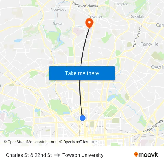 Charles St & 22nd St to Towson University map