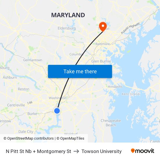 N Pitt St Nb + Montgomery St to Towson University map