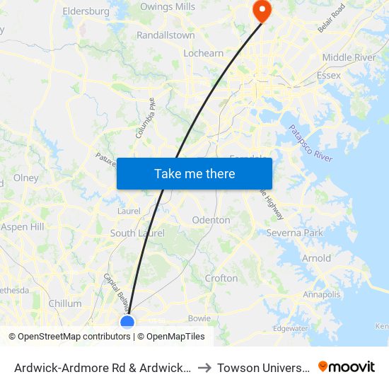 Ardwick-Ardmore Rd & Ardwick Pl to Towson University map