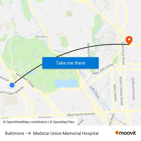 Baltimore to Medstar Union Memorial Hospital map